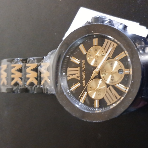 Michael Kors Black and Gold Chronograph MK Initials Womens Watch - Picture 8 of 9